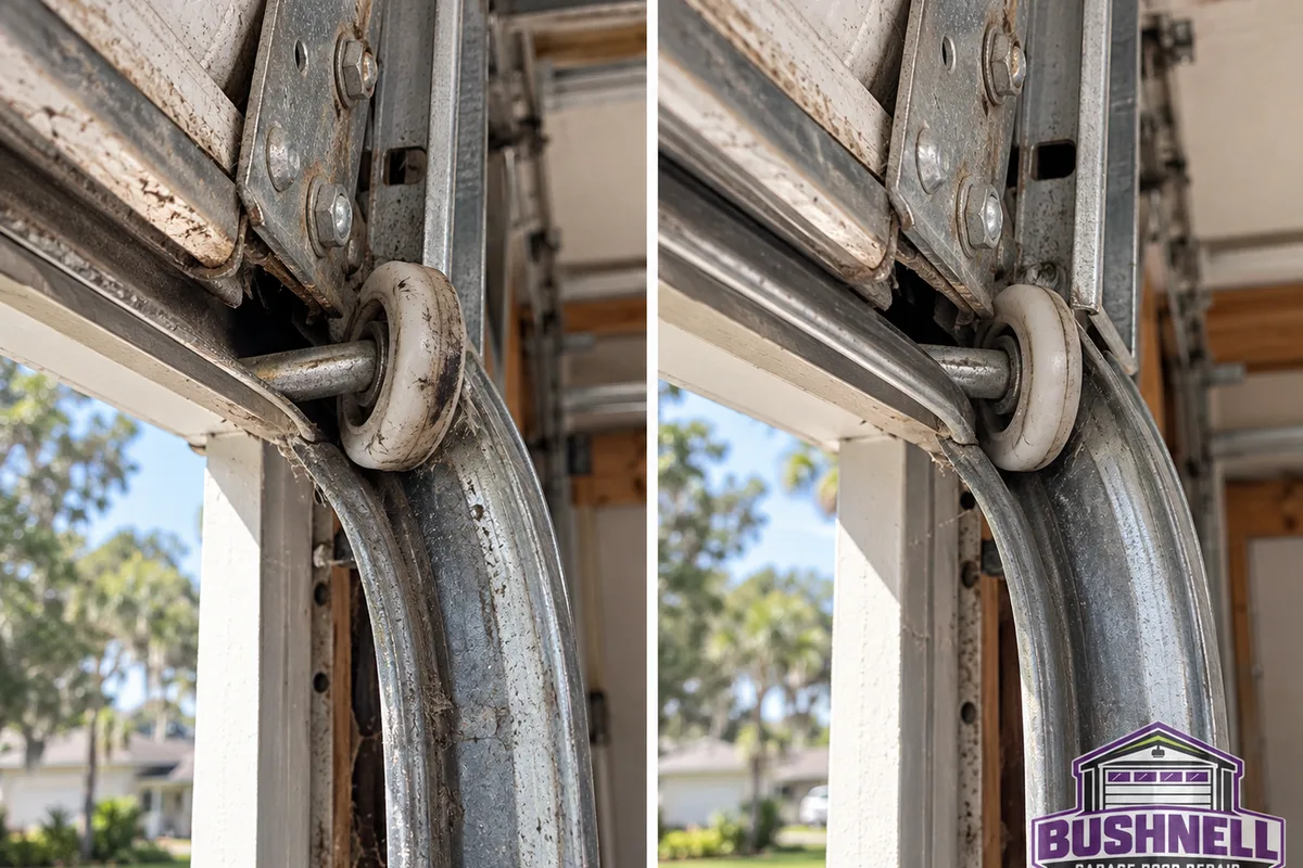 Residential garage door roller outside its track and correctly seated after realignment