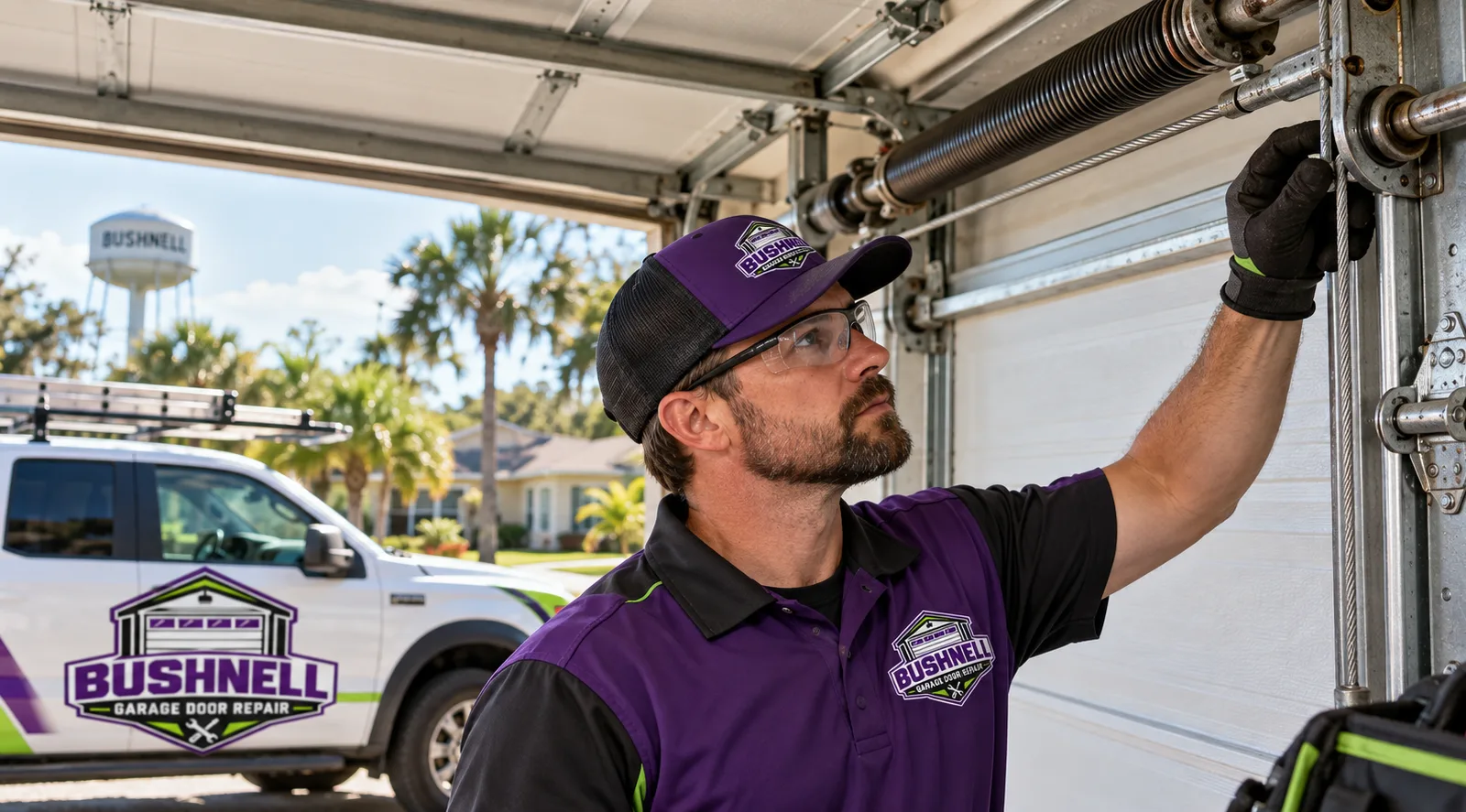 Technician inspecting the tracks, rollers, cables, and spring assembly of a residential sectional garage door
