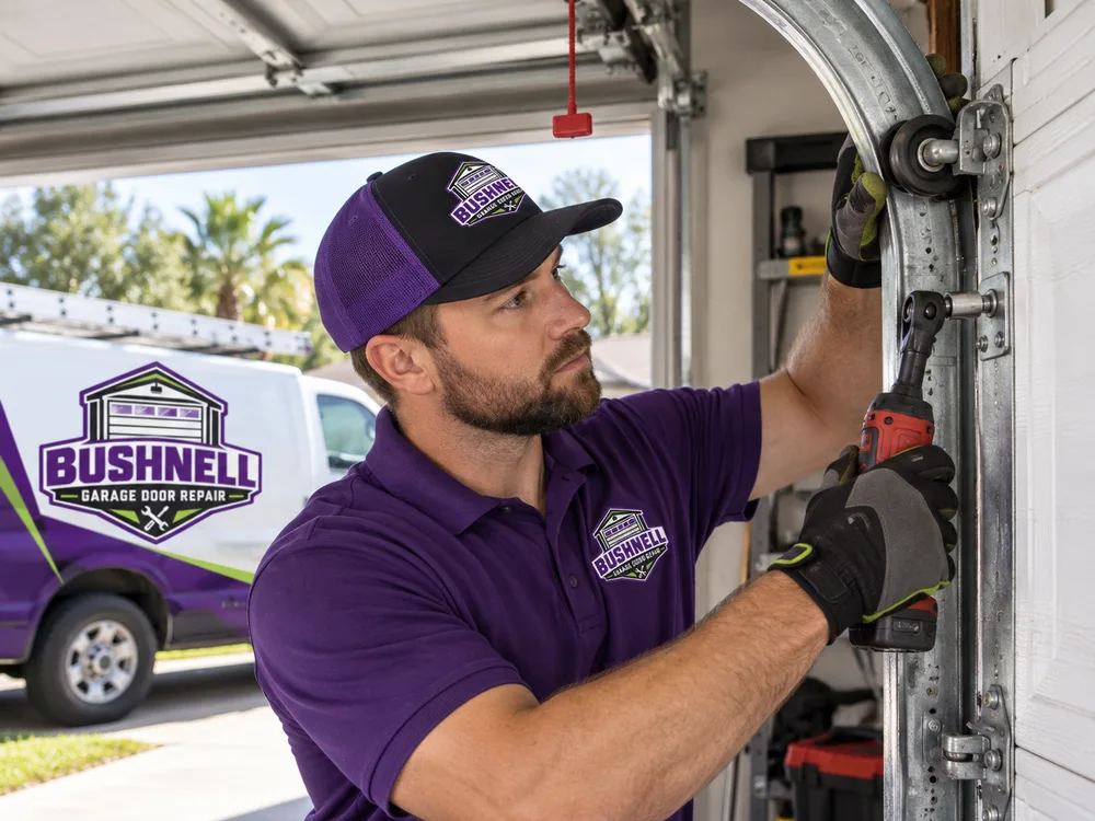 Garage door technician checking roller alignment and track fasteners with the opener disconnected
