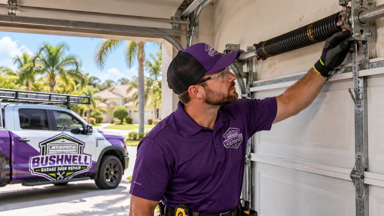 Residential garage door technician inspecting a torsion spring mounted above a closed garage door in a Central Florida home