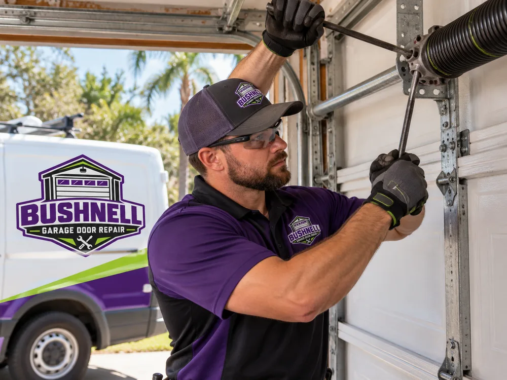 Technician using proper winding bars to tension a new torsion spring with the garage door secured and tools arranged safely
