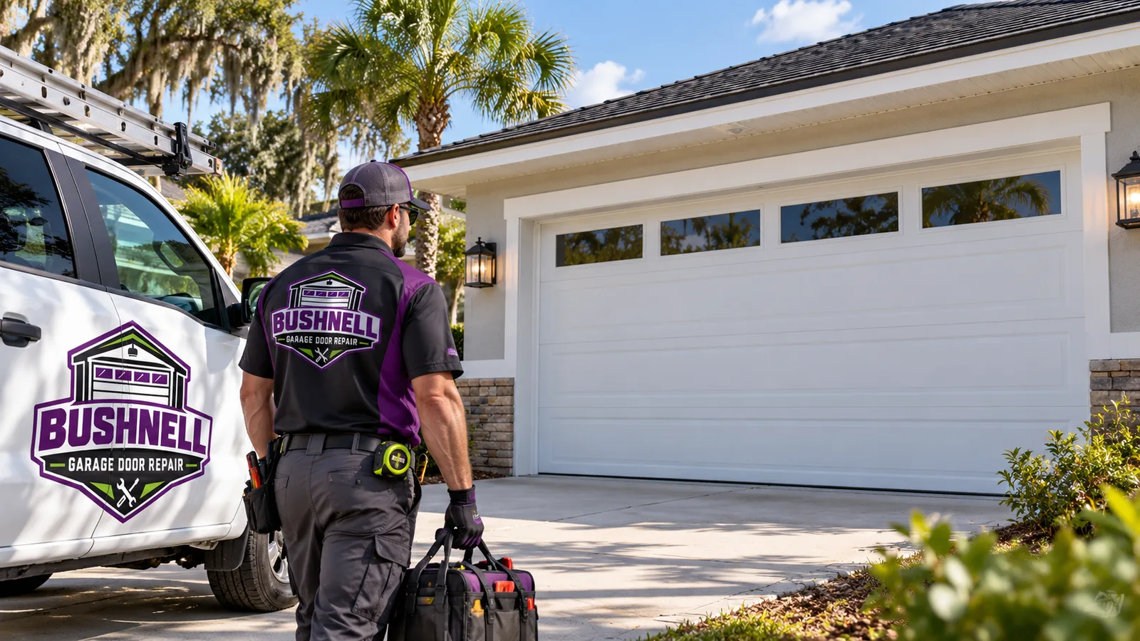 Newly installed insulated steel garage door with aligned panels and finished perimeter weather seals on a Florida home
