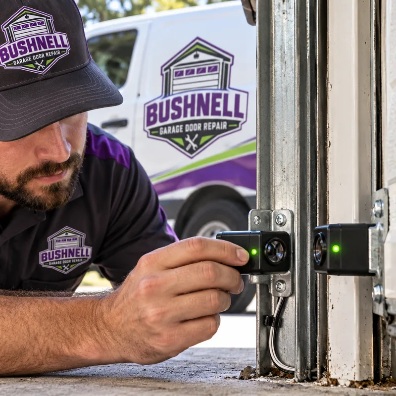 Garage door safety sensors being aligned with indicator lights and low-voltage wiring visible