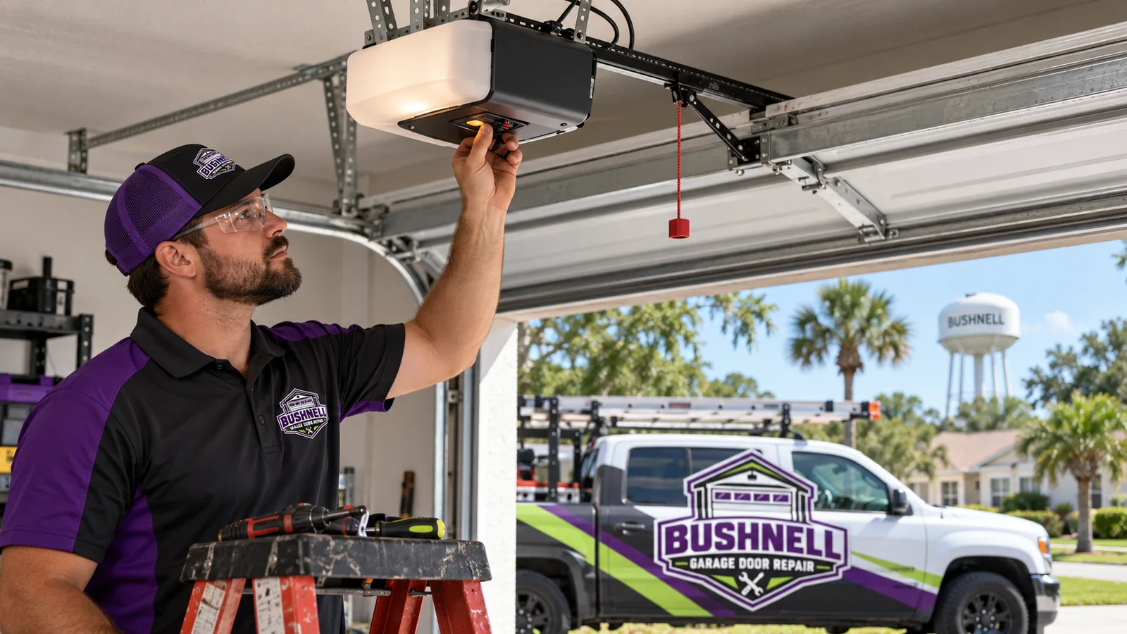 Technician testing a ceiling-mounted garage door opener and handheld remote inside a residential garage