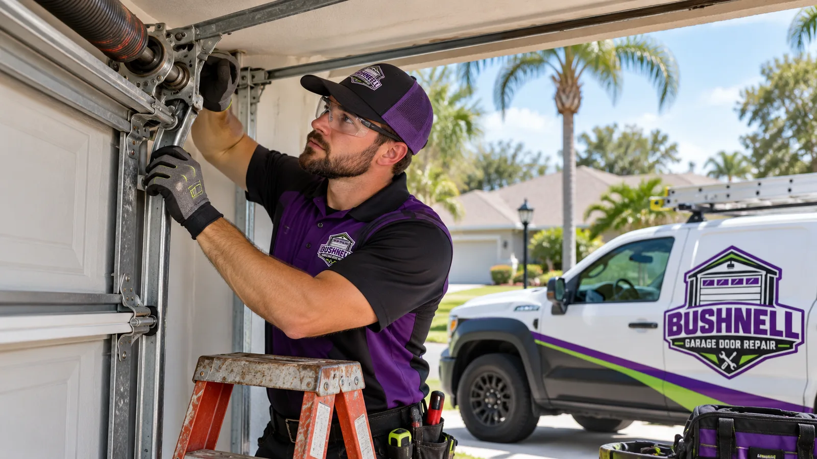 Technician inspecting the spring and track system of a stuck residential garage door during an urgent repair visit in Central Florida