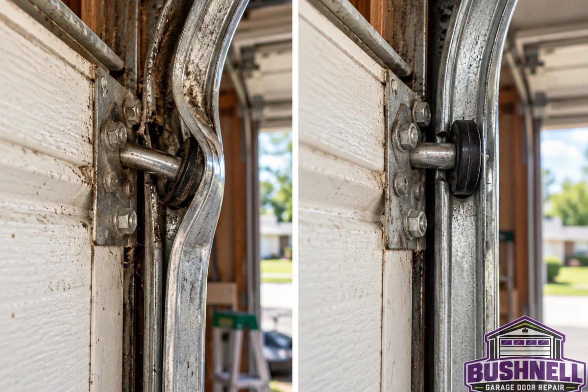 Before and after views of a displaced garage door roller and the assembly after track alignment and roller reseating