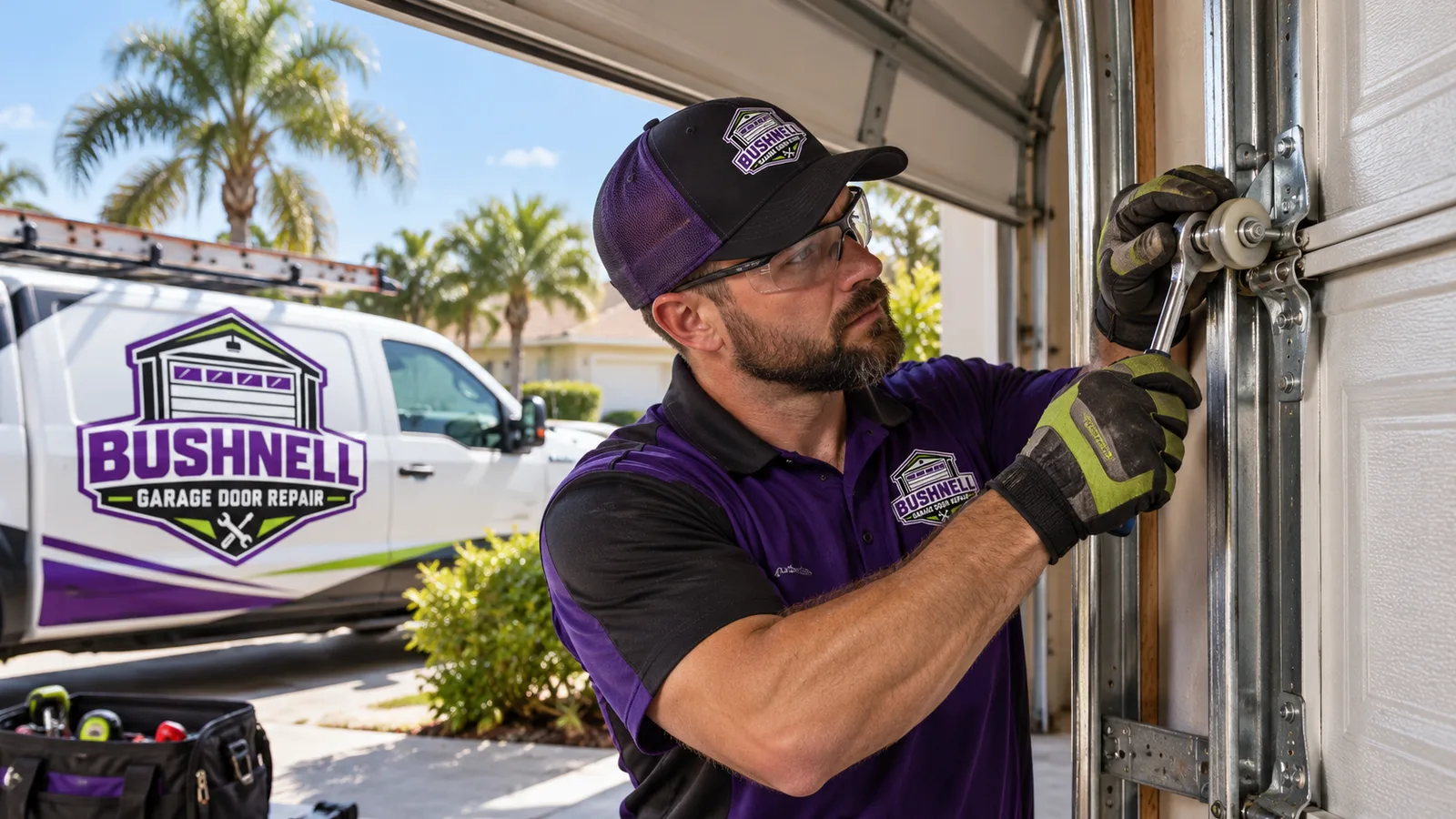 Residential garage door technician realigning a roller with its vertical track while the door is secured in place